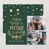メリークリスマスグリーン&金ゴールドフェスティバル家族の写真 シーズンカード (正面/裏面)