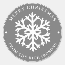 メリークリスマスグレーラウンドホワイトスノーフレーク ラウンドシール