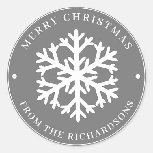 メリークリスマスグレーラウンドホワイトスノーフレーク ラウンドシール (正面)