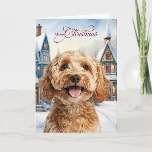 メリークリスマスコッカプー犬雪景色の冬の村 シーズンカード (正面)