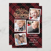 メリークリスマスコラージュ赤い格子模様の写真カード 招待状 (正面/裏面)