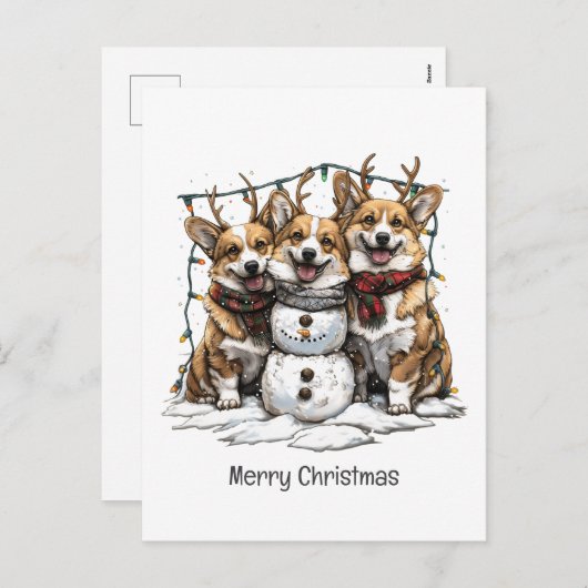 メリークリスマスコルギドッグス雪だるま シーズンポストカード (正面/裏面)