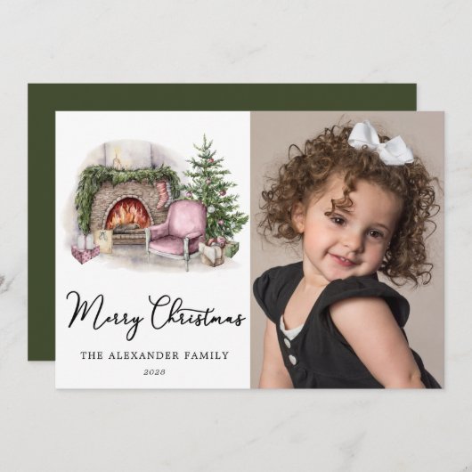 メリークリスマスコージーウォーターカラーホームフォトホリデー シーズンカード (正面/裏面)