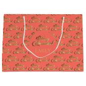 メリークリスマスコーラルオレンジ金ゴールドスクリプトパターン ラージペーパーバッグ (正面)