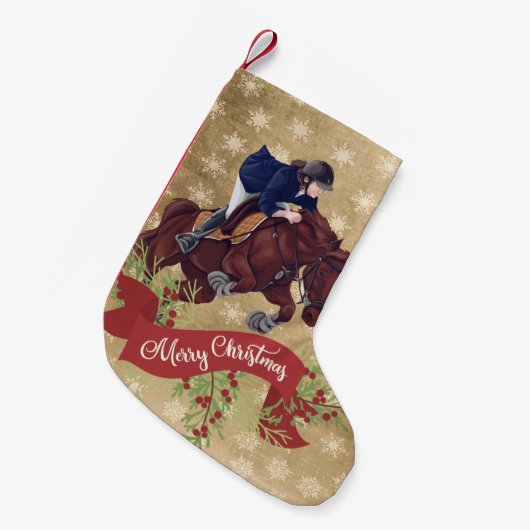 メリークリスマスゴールデンを跳び上げる女と馬 スモールクリスマスストッキング (正面 (吊り時))