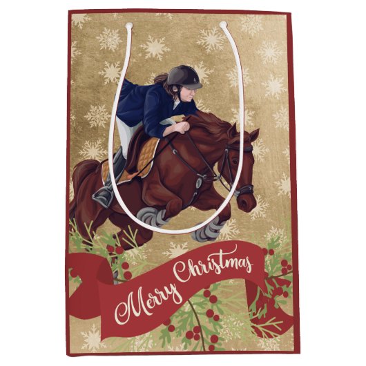 メリークリスマスゴールデンを跳び上げる女と馬 ミディアムペーパーバッグ (正面)
