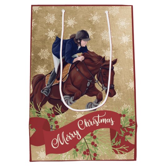 メリークリスマスゴールデンを跳び上げる女と馬 ミディアムペーパーバッグ (裏面)