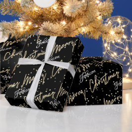 メリークリスマスゴールデンスクリプト名ブラック ラッピングペーパー
