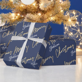メリークリスマスゴールデンスクリプト名ブルーネイビー ラッピングペーパー
