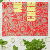 メリークリスマスゴールデンレッド雪グリッターハートアート キッチンタオル (折り畳み)