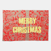 メリークリスマスゴールデンレッド雪グリッターハートアート キッチンタオル (横)