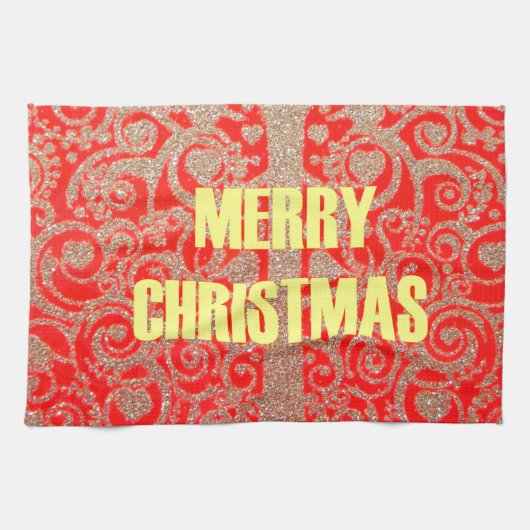 メリークリスマスゴールデンレッド雪グリッターハートアート キッチンタオル (横)