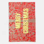 メリークリスマスゴールデンレッド雪グリッターハートアート キッチンタオル (縦)