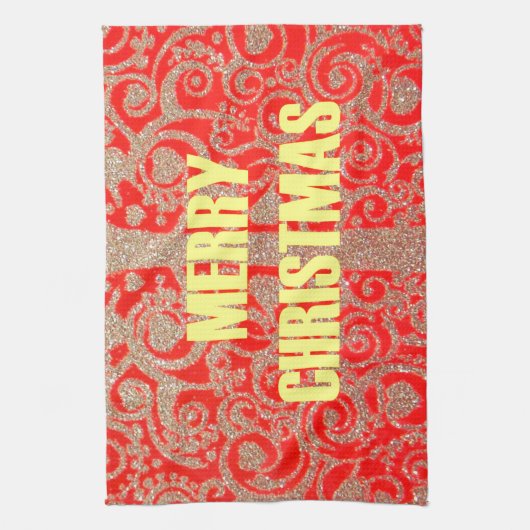 メリークリスマスゴールデンレッド雪グリッターハートアート キッチンタオル (縦)