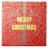 メリークリスマスゴールデンレッド雪グリッターハートアート タイル (正面)