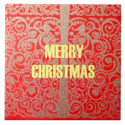 メリークリスマスゴールデンレッド雪グリッターハートアート タイル (正面)