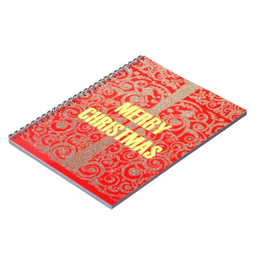 メリークリスマスゴールデンレッド雪グリッターハートアート ノートブック (左側)
