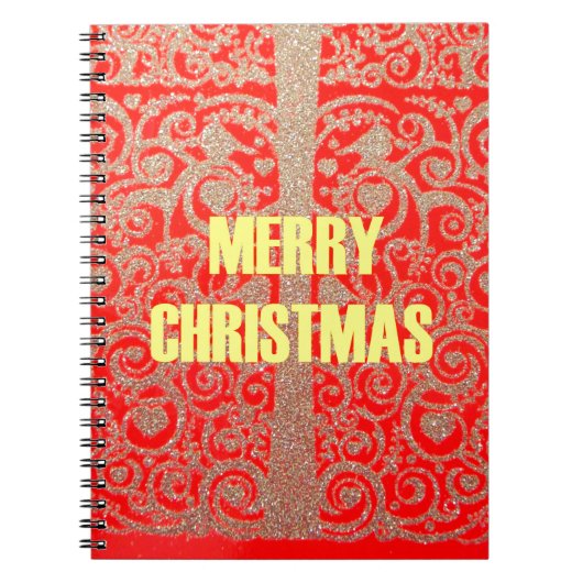 メリークリスマスゴールデンレッド雪グリッターハートアート ノートブック (正面)