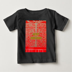 メリークリスマスゴールデンレッド雪グリッターハートアート ベビーTシャツ