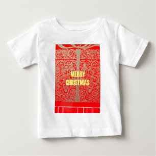 メリークリスマスゴールデンレッド雪グリッターハートアート ベビーTシャツ