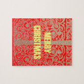 メリークリスマスゴールデンレッド雪ハート ジグソーパズル (横)