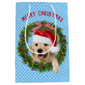 メリークリスマスゴールデンレトリバー水玉模様 ミディアムペーパーバッグ (正面)