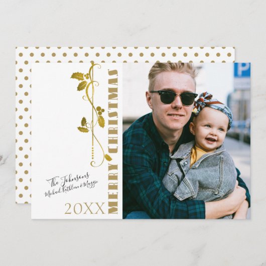 メリークリスマスゴールドフォイルホリー独身の写真 シーズンカード (正面/裏面)