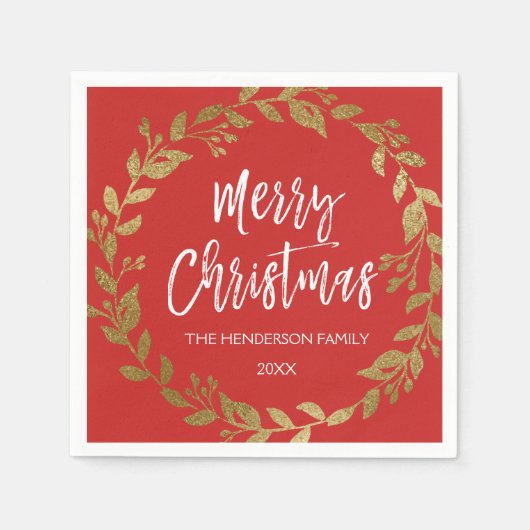 メリークリスマスゴールドフォイルリース(名前と日付) スタンダードカクテルナプキン (正面)