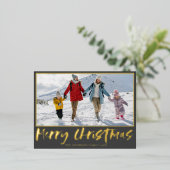 メリークリスマスゴールドフォイル書道と写真 箔シーズンポストカード (立ち正面)