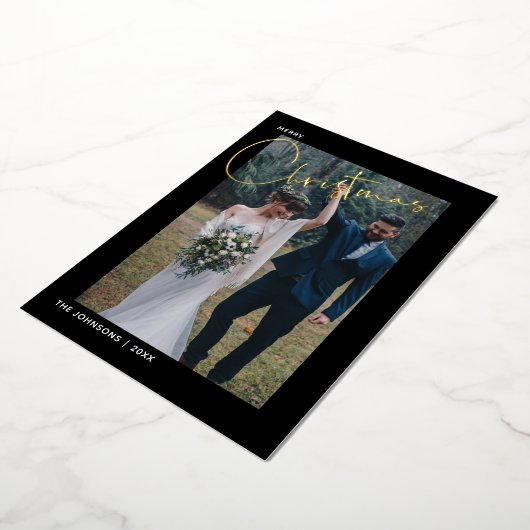 メリークリスマスゴールドフォイル書道黒写真 箔シーズンカード (回転した状態)