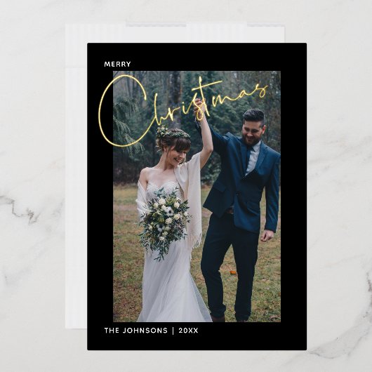 メリークリスマスゴールドフォイル書道黒写真 箔シーズンカード (封筒)