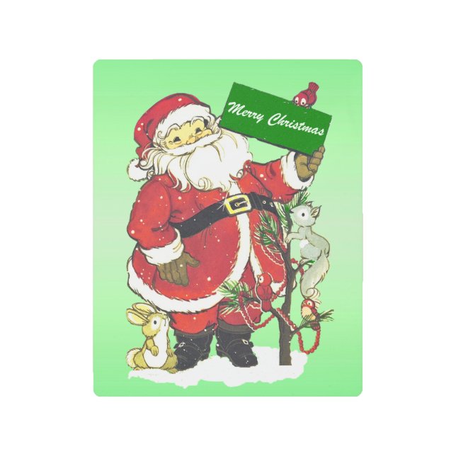 メリークリスマスサインを掲げる動物を抱えるサンタ メタルプリント (正面)