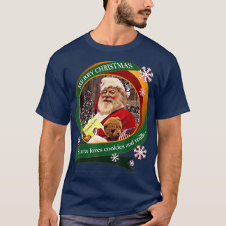 メリークリスマスサンタがクッキーとミルクデザインを大好き Tシャツ