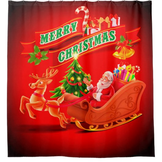 メリークリスマスサンタそりとトナカイ シャワーカーテン (正面)