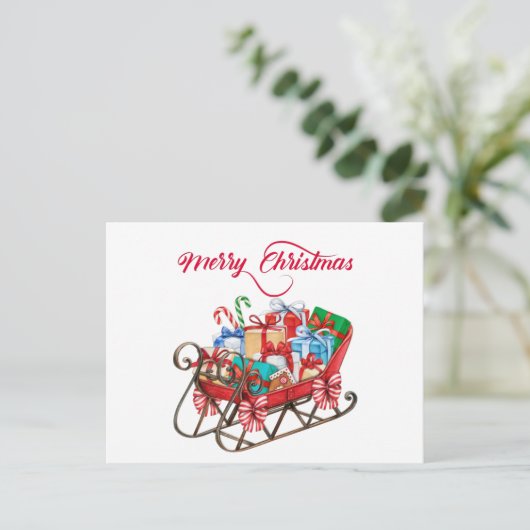 メリークリスマスサンタそりとプレゼント ポストカード (スタンド正面)