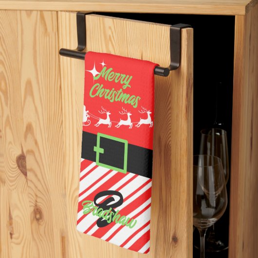 メリークリスマスサンタそり赤 キッチンタオル (三つ折り)