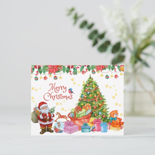 メリークリスマスサンタとギフト&クリスマスツリー シーズンポストカード (スタンド正面)