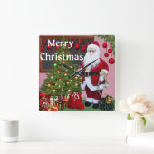 メリークリスマスサンタとクリスマスツリー スクエア壁時計 (ホーム)