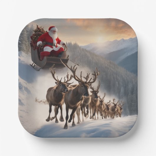 メリークリスマスサンタとトナカイ ペーパープレート (正面)