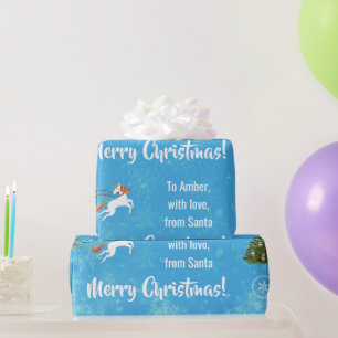 メリークリスマスサンタのそりユニコーンがパーソナライズ ラッピングペーパー