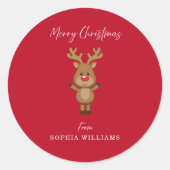 メリークリスマスサンタのトナカイのプレゼント赤 ラウンドシール (正面)