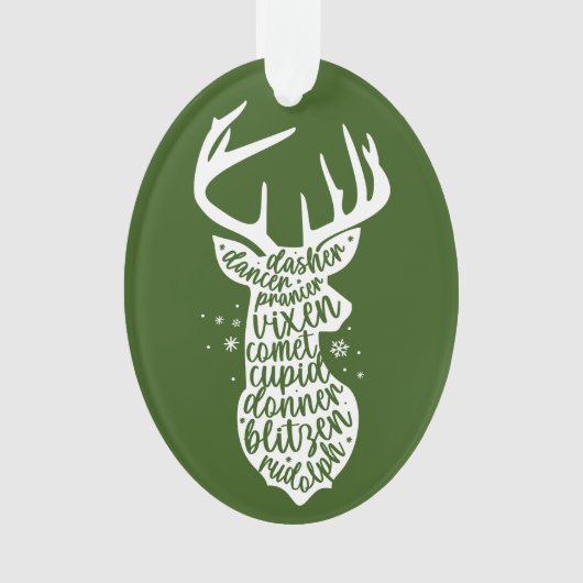 メリークリスマスサンタのトナカイ，ダークグリーン オーナメント (正面)
