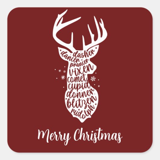 メリークリスマスサンタのトナカイ，ダークレッド スクエアシール (正面)