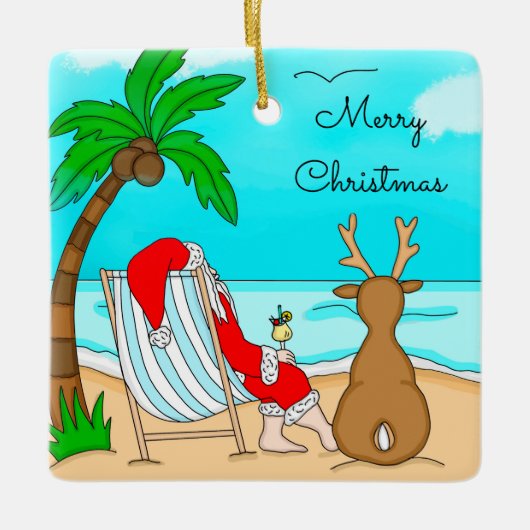 メリークリスマスサンタオンビーチとトナカイ セラミックオーナメント (正面)