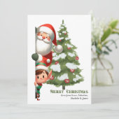 メリークリスマスサンタクロースと小妖精や小人 パーソナライズされた シーズンカード (スタンド正面)