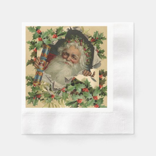 メリークリスマスサンタクロースアンティーククラシック 縁ありカクテルナプキン (正面)