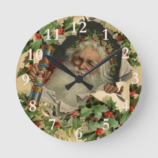 メリークリスマスサンタクロースホリー ラウンド壁時計 (正面)