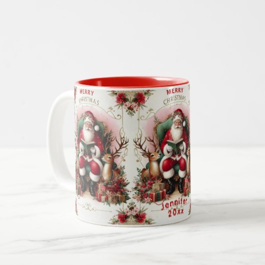 メリークリスマスサンタクロース読のトナカイ ツートーンマグカップ (正面左)