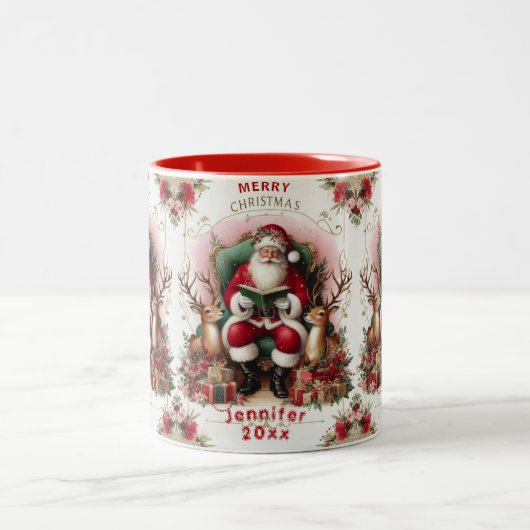 メリークリスマスサンタクロース読のトナカイ ツートーンマグカップ (中央)
