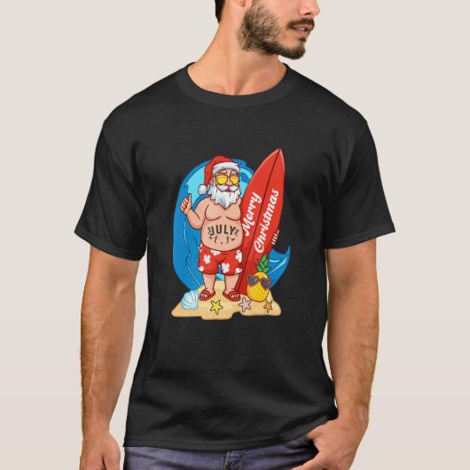メリークリスマスサンタサーファー夏のクリスマス Tシャツ (正面)